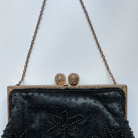 29. Vintage Black Beaded Clutch Satin Inside - Picture 3 of 12